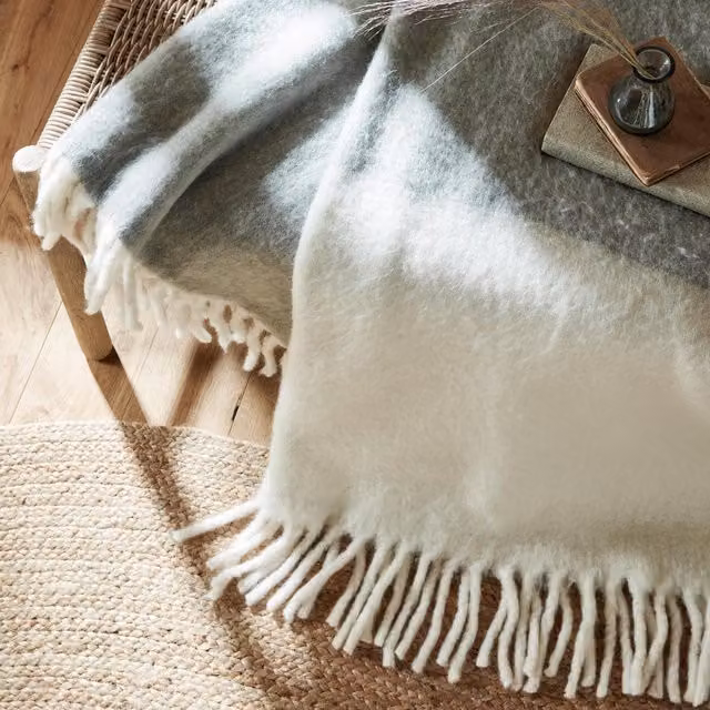 Laura Ashley Bronwen Woven Wool Throw with Fringes, Grey, W: 130 cm, D: 170 cm