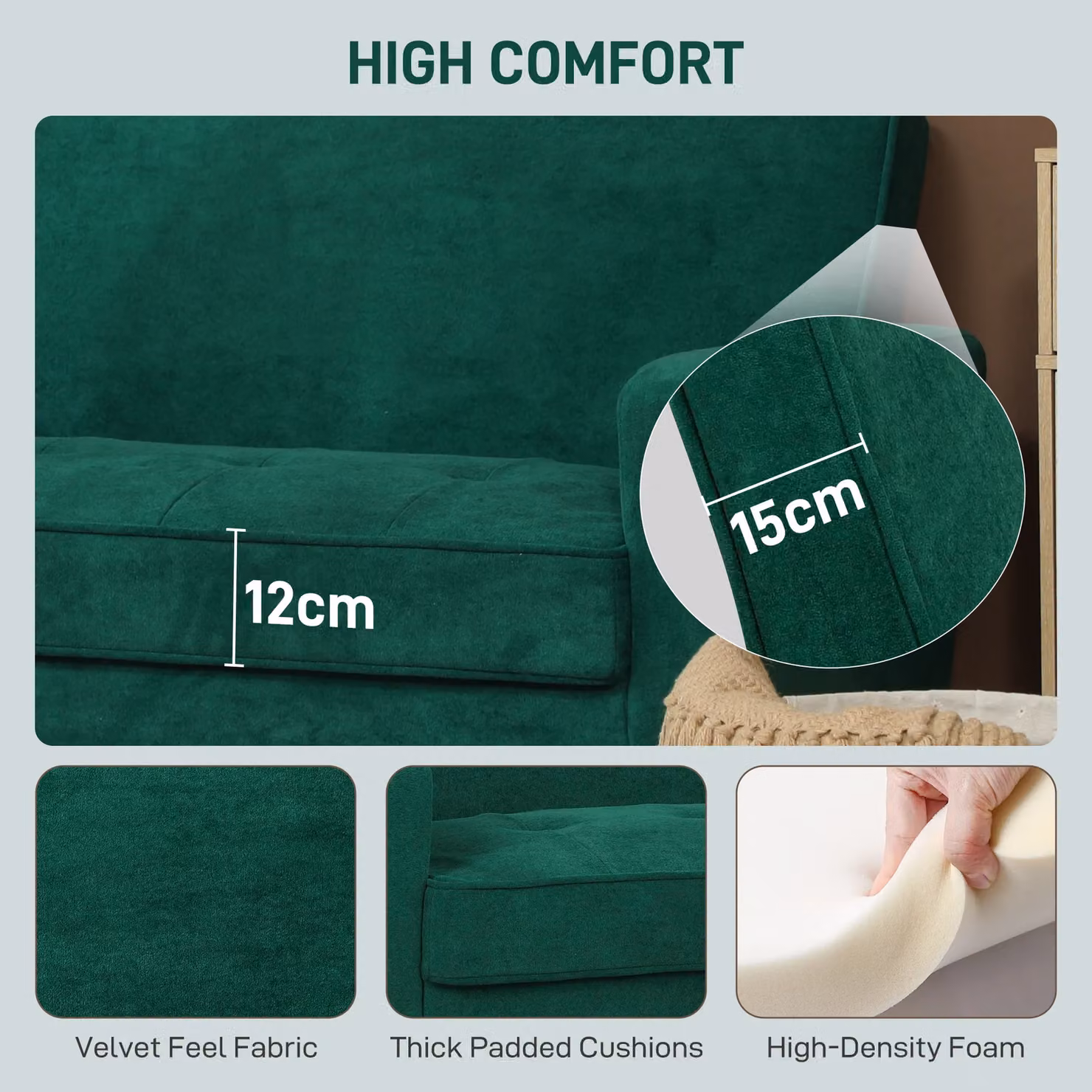 HOMCOM 2 Seater Velvet Upholstered Loveseat in Green – 3