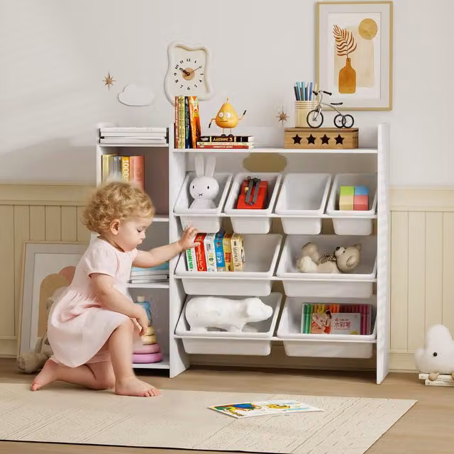 AIYAPLAY White Toy Storage Unit with 8 Shelves and Back Panel