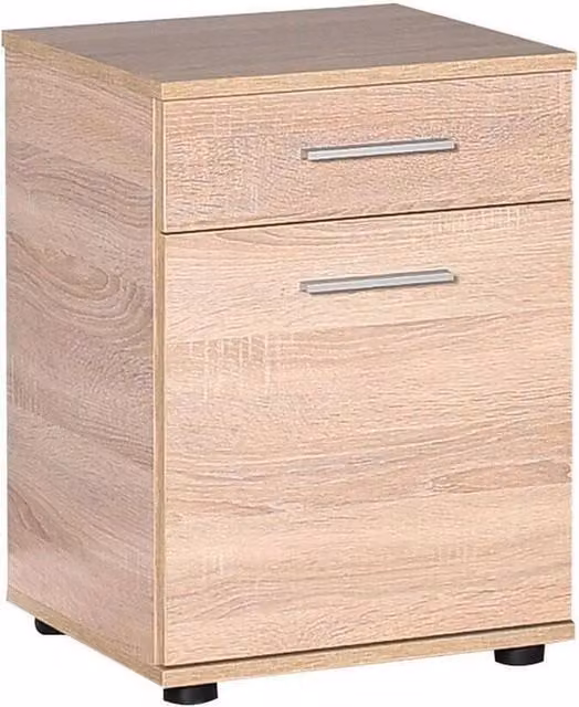 FORGEVIO Oak Office Cabinet in Brown with 1 Door and 1 Drawer and Polished Metal Handles