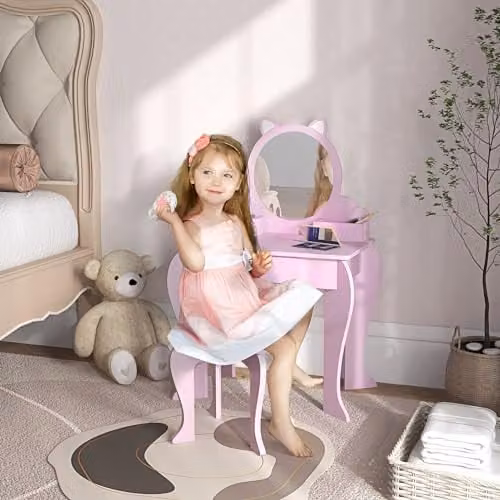 ZONEKIZ Kids Dressing Table with Mirror and Stool, Pink, W/D/H: 87.0 x 34.0 x 34.0 cm – 2