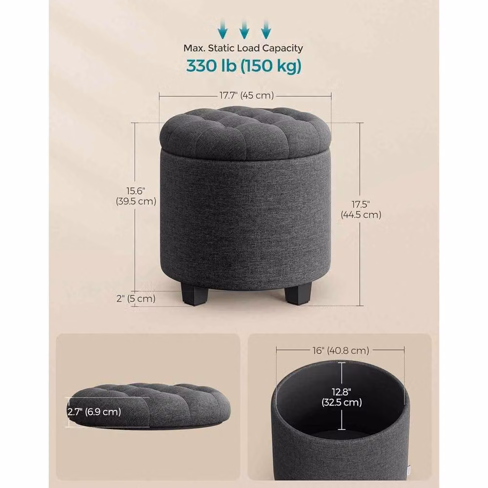 The Bazaarist Round Storage Ottoman in Dark Grey with Wooden Legs – 3
