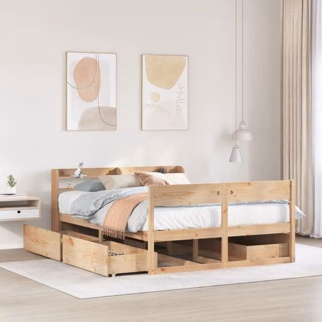Berkfield Home Double Bed Frame in Brown Solid Pine Wood, W: 135 cm, L: 190 cm