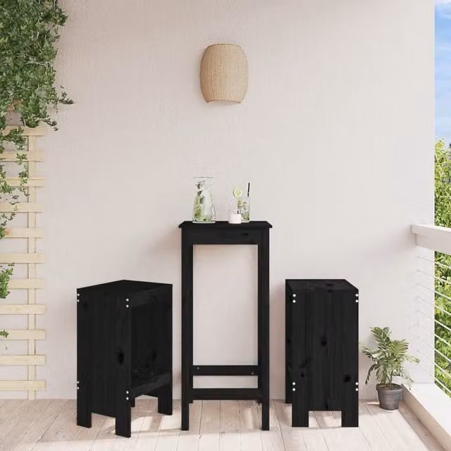 Berkfield Home Set of 2 Black Rustic Solid Pine Bar Stools, W/D/H: 40 x 36 x 75 cm