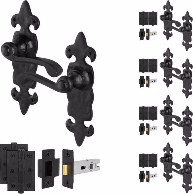 AFIT Black Antique Cast Iron Door Handle and Hinge Set with 64mm Latch, H x W: 15.0 x 15.0 cm – 1
