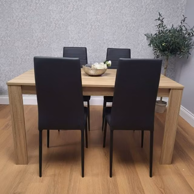 Kosy Koala Oak Effect Dining Table Set with 4 Black Faux Leather Chairs in Brown