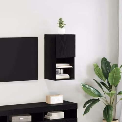 vidaXL Modern Wall-mounted TV Cabinet with Glass Doors and Integrated Lighting, Black, W/D/H: 60.0 x 30.5 x 30.0 cm – 2