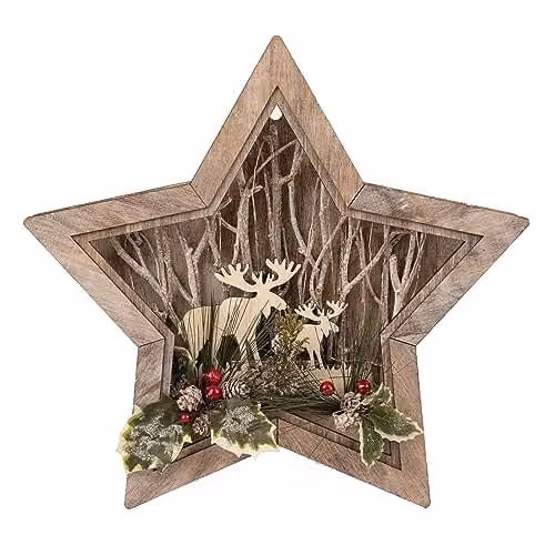 Shatchi Rustic Wooden Christmas Reindeer Star Scene Tabletop Centrepiece in Brown, W: 38 cm, D: 6 cm, H: 38 cm – 2