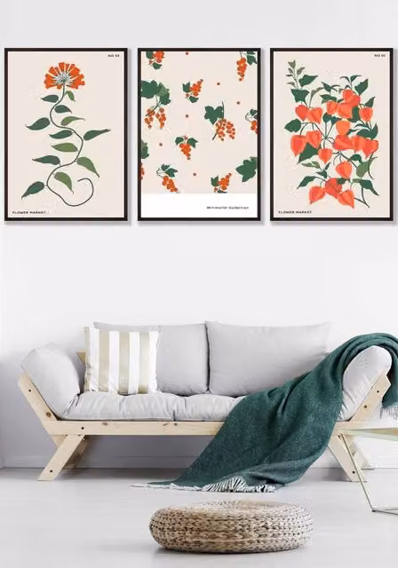 ARTZE Set of 3 Vintage Orange Flower Market Graphic Wall Art with Black Frames, W: 45 cm, H: 62 cm, D: 2 cm