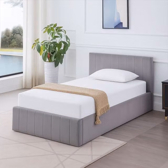 Kosy Koala Grey Velvet Ottoman Bed with Gas Lift Storage and Striped Pattern Single Mattress, W: 100 cm, D: 200 cm, H: 85 cm