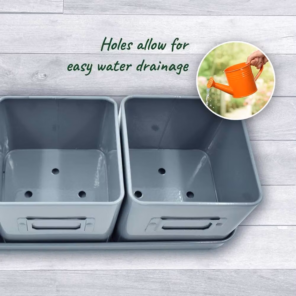Green Thumbz Set of 3 Indoor Herb Planters with Grey Leather Handled Tray – 4
