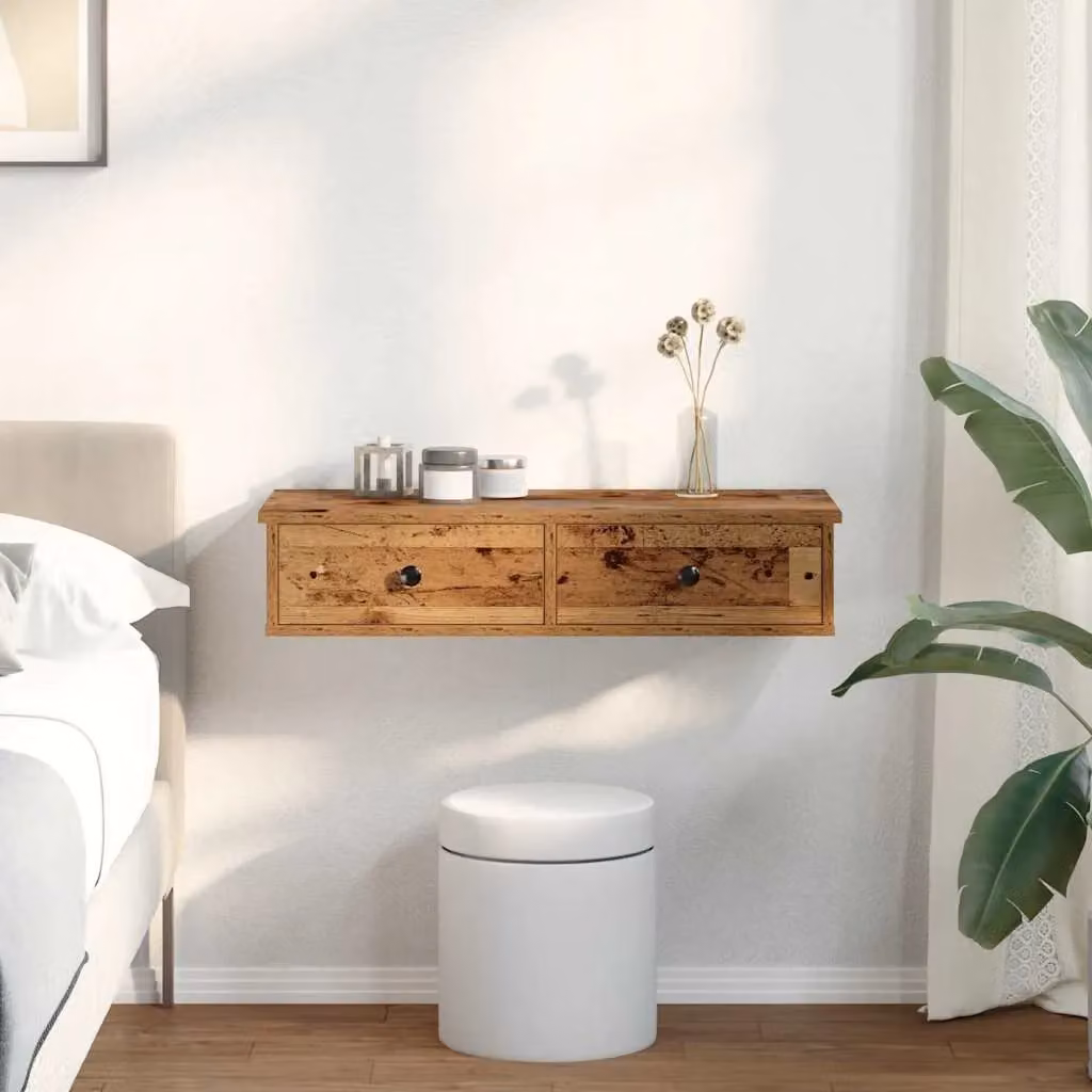 Berkfield Home Wall Shelf with Drawers in Old Wood Brown, W: 80 cm, D: 31 cm, H: 17 cm – 3