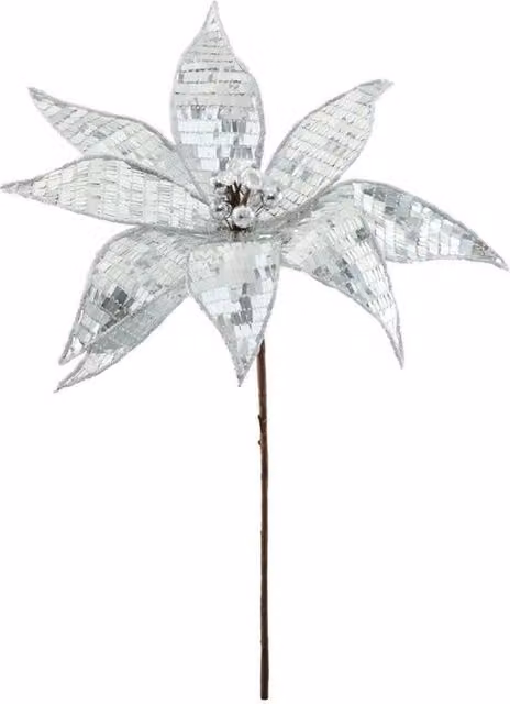 KDMD Single Sequin Poinsettia in Silver, 40 cm, 2 Pack