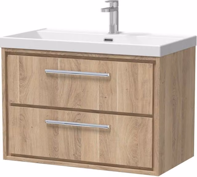 Balterley Longnor 2 Drawer Wall Hung Vanity Basin Unit, Light Oak, Brown, Width: 80 cm