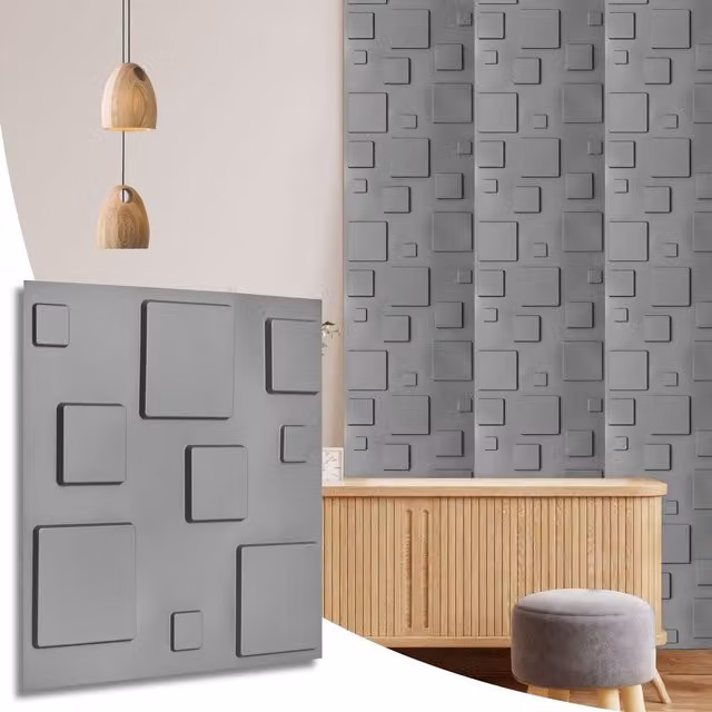 NOVECRAFTO Grey Silver 3D PVC Wall Panels with Geometric Block Design, W/D/H: 50 x 50 x 0.25 cm