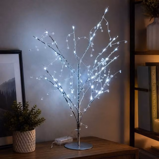 SPOT ON DEALZ Silver 48 LED Twig Tree with Cool White Jewelled Lights for Christmas Decor