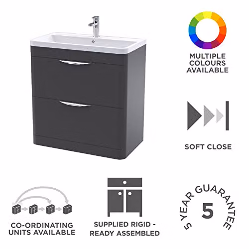 nuie Parade Modern 2 Drawer Bathroom Floor Standing Vanity Basin Cabinet with Polymarble Basin, Satin Anthracite, W: 80.0 cm, D: 44.5 cm, H: 79.6 cm – 2