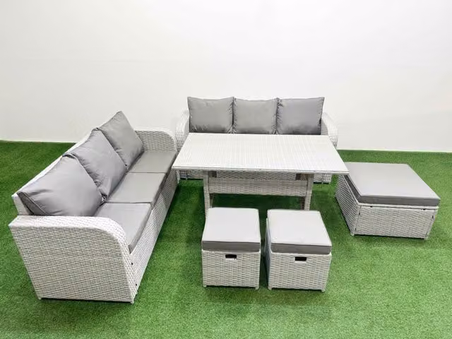 Fimous 9 Seater Wicker Rattan Garden Furniture Set with Rectangular Dining Table and 3 High Back Lounge Stools in Light Grey