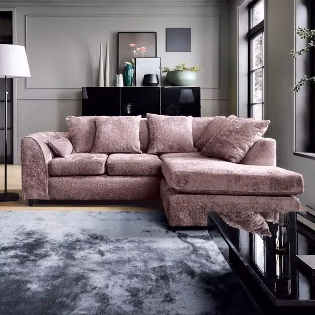 Abakus Direct Harriet Right Facing Corner Sofa in Pink Crushed Chenille Fabric