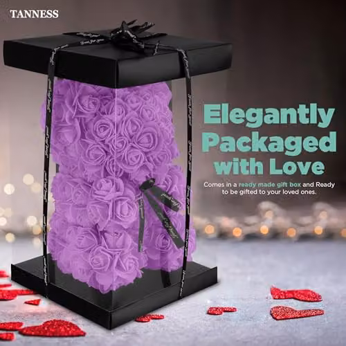 Tanness Purple Artificial Rose Bear with Transparent Gift Box and Black Ribbon, 25 cm – 4