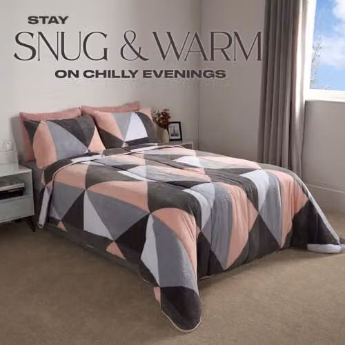 OHS Pink Geometric Teddy Fleece Coverless Duvet and Pillowcase Set, 10.5 Tog, W/D/H: 200 x 200 x 200 cm – 3