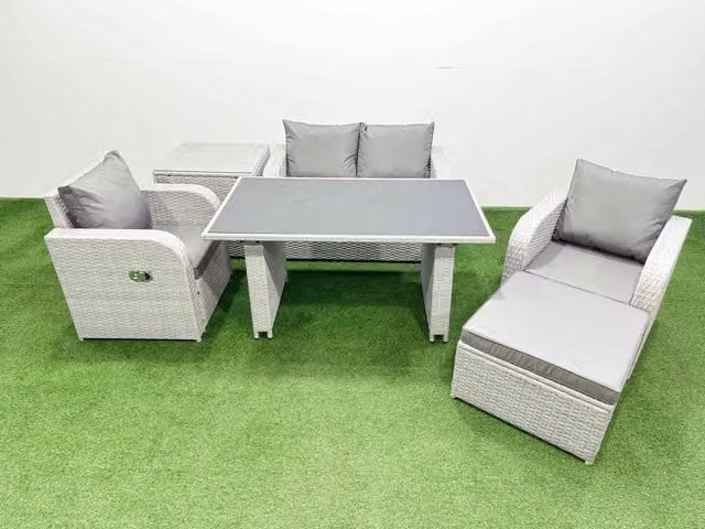 Fimous 5-Seater Outdoor Rattan Garden Furniture Dining Set with Side Table in Light Grey