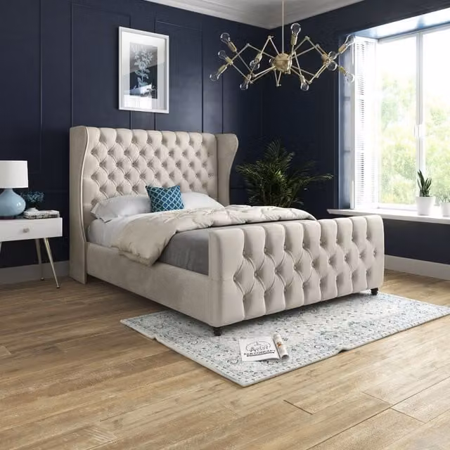 Casani Donati Upholstered Velvet Bed Frame in Beige, W/D/H: 90 x 200 cm – 1