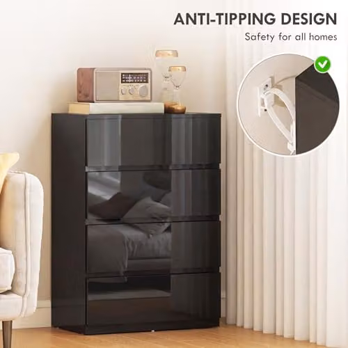 HOMCOM 4 Drawer High Gloss Black Chest of Drawers for Bedroom or Living Room – 5