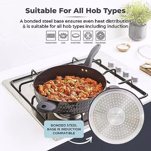 Tower Diamo Multi-Pan with Black Diamond Ceramic Non-Stick Coating, Glass Lid and Softtex Handle, Black, Diameter: 30 cm – 6