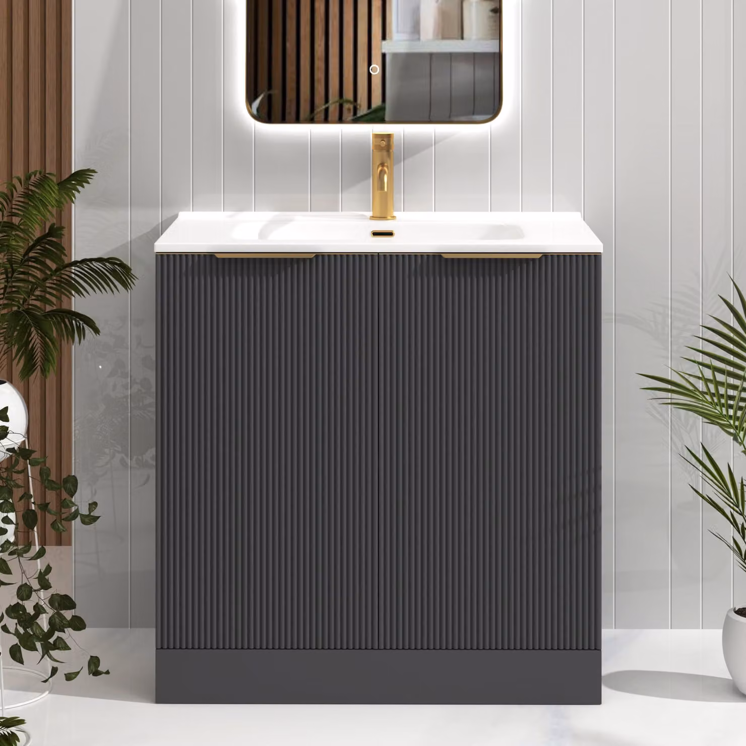 Royal Bathrooms Evora 800mm Graphite Grey Fluted Floor Standing 2 Door Vanity Unit with Ceramic Basin and Brushed Brass Handles