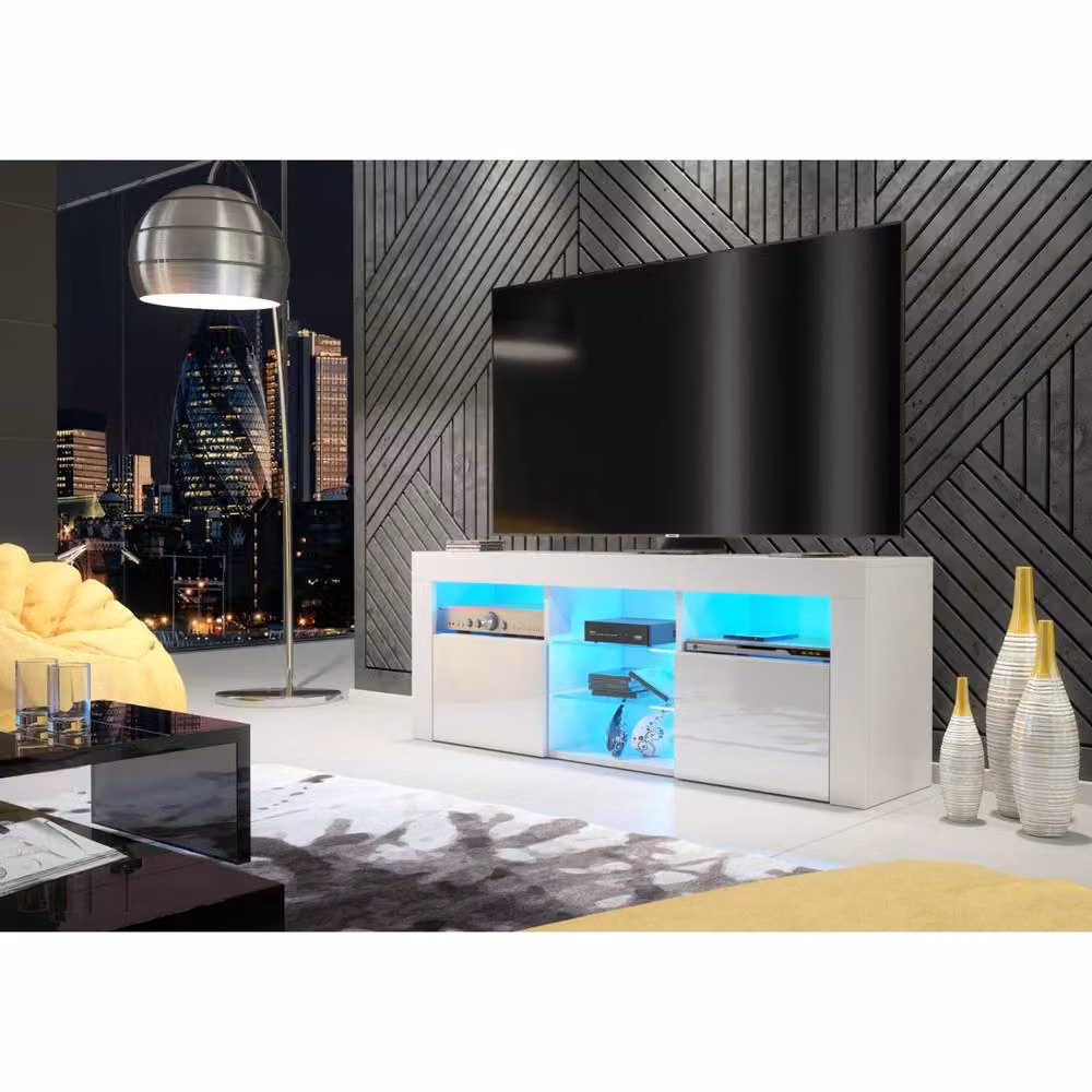 Creative Furniture Pulse TV Unit in White with Glossy Doors and LED Lights, W: 145 cm, H: 53 cm, D: 35 cm – 2