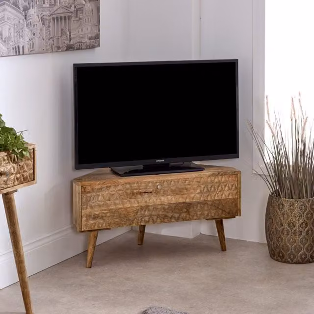 IH Design Marlow Mid-Century Geometric Mango Wood Corner TV Stand in Brown