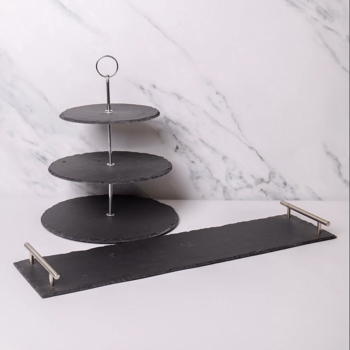 Artesa 2-Piece Black and Grey Slate Serving Set Featuring a 3-Tiered Stand and Rectangular Platter with Handles – 2