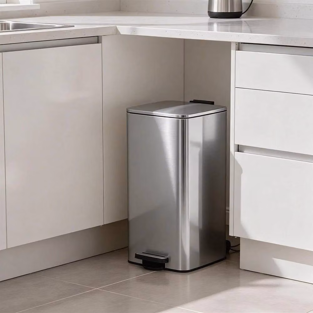 PAWNORA Square Stainless Steel Kitchen Pedal Bin, 30L, Brushed Silver with Removable Inner Bucket – 2