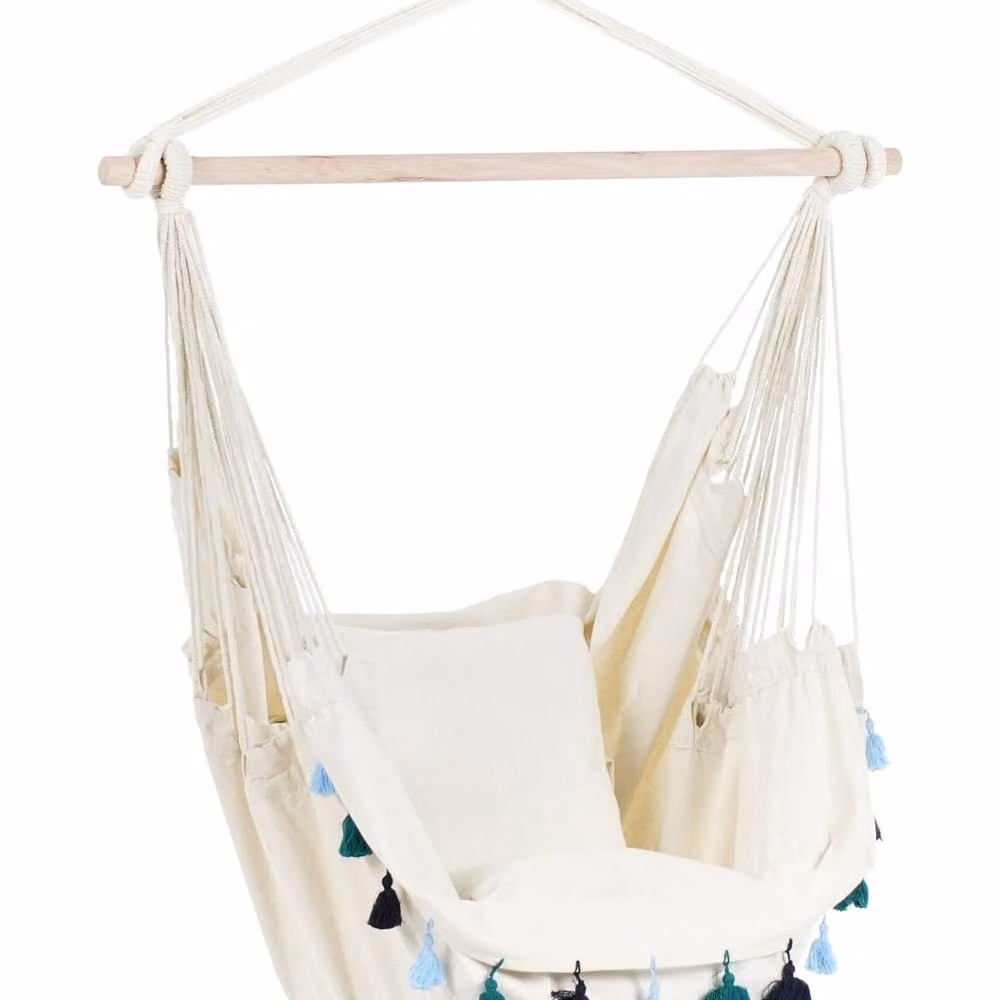Wyld Haus Boho Hanging Hammock Chair with Cushioned Seat in Beige, Blue, Orange and White – 2