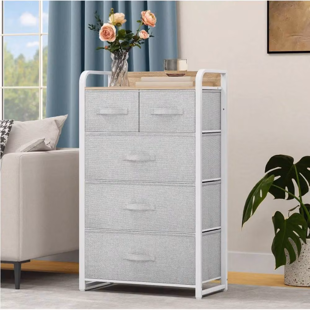 VOGREX Grey and White 5 Fabric Drawer Storage Chest with Steel Frame – 2