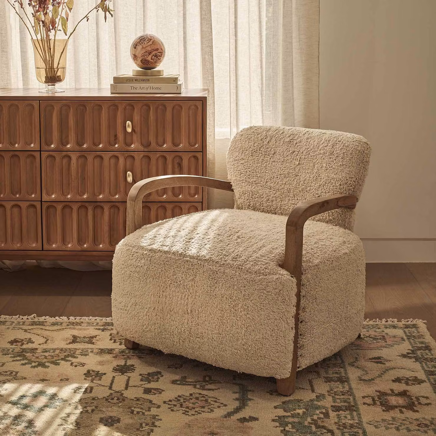 Atkin & Thyme Aviator Armchair in Beige Bouclé Fabric with Mango Wood Frame