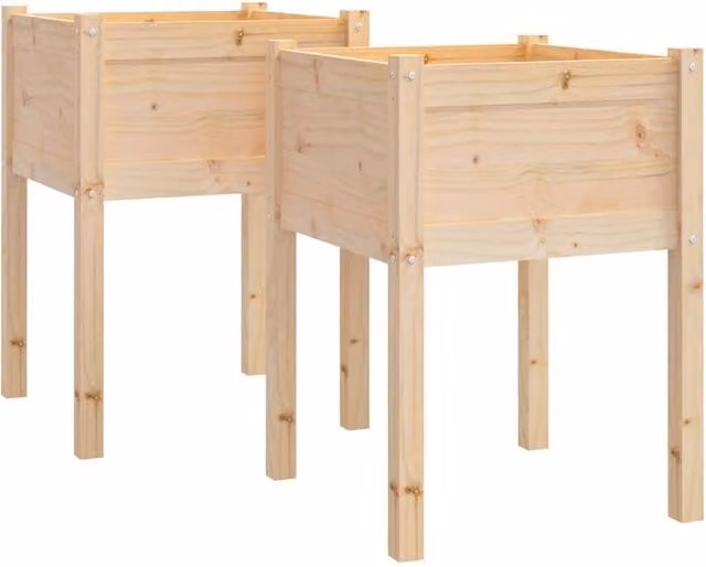 Berkfield Ornamental Garden Planter Tub Set, 2 Pieces, Beige Wood, W/D/H: 50 x 50 x 70 cm