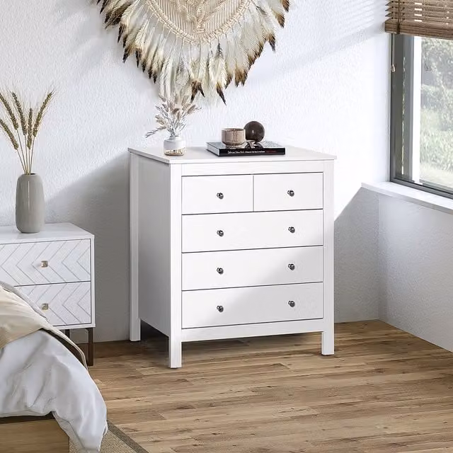HOMCOM Modern White 5 Drawer Freestanding Chest of Drawers with Metal Handles