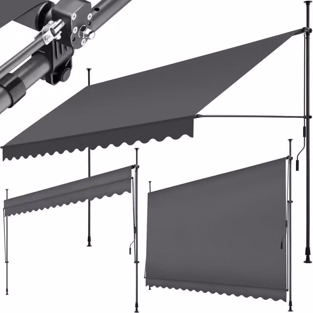 TECTAKE No-Drill Retractable Awning in Black and Grey with Polyester Fabric and Steel Frame, Width: 400 cm