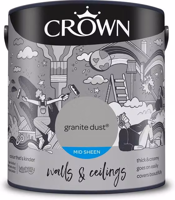 Crown Walls and Ceilings Mid Sheen Emulsion in Granite Dust Grey, 2.5l
