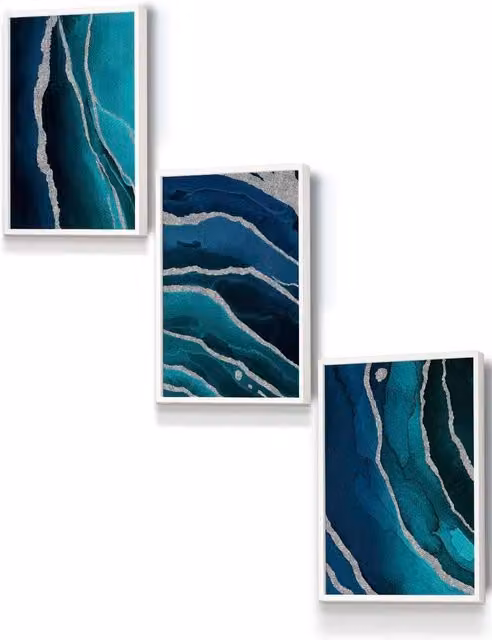 ARTZE Abstract Modern Framed Wall Art in Petrol Blue, Silver and White, W: 33 cm, H: 45 cm, D: 0.2 cm