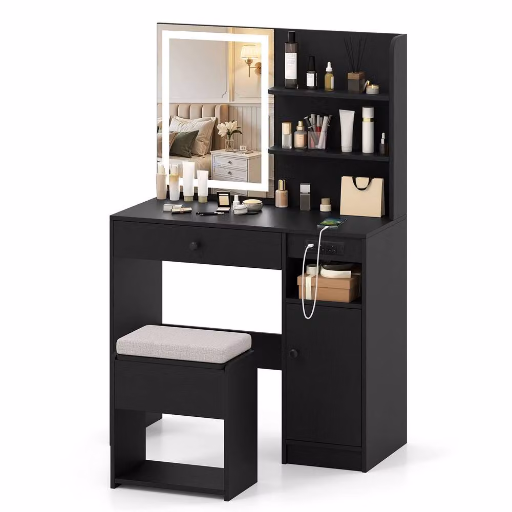 Costway Wooden Vanity Desk with Stool and Hollywood LED Mirror in Black – 3