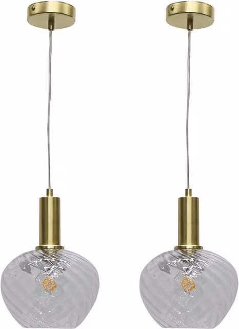 First Choice Lighting Bradson Set of 2 Deco Pendant Fittings with Clear Swirl Glass and Satin Brass Finish