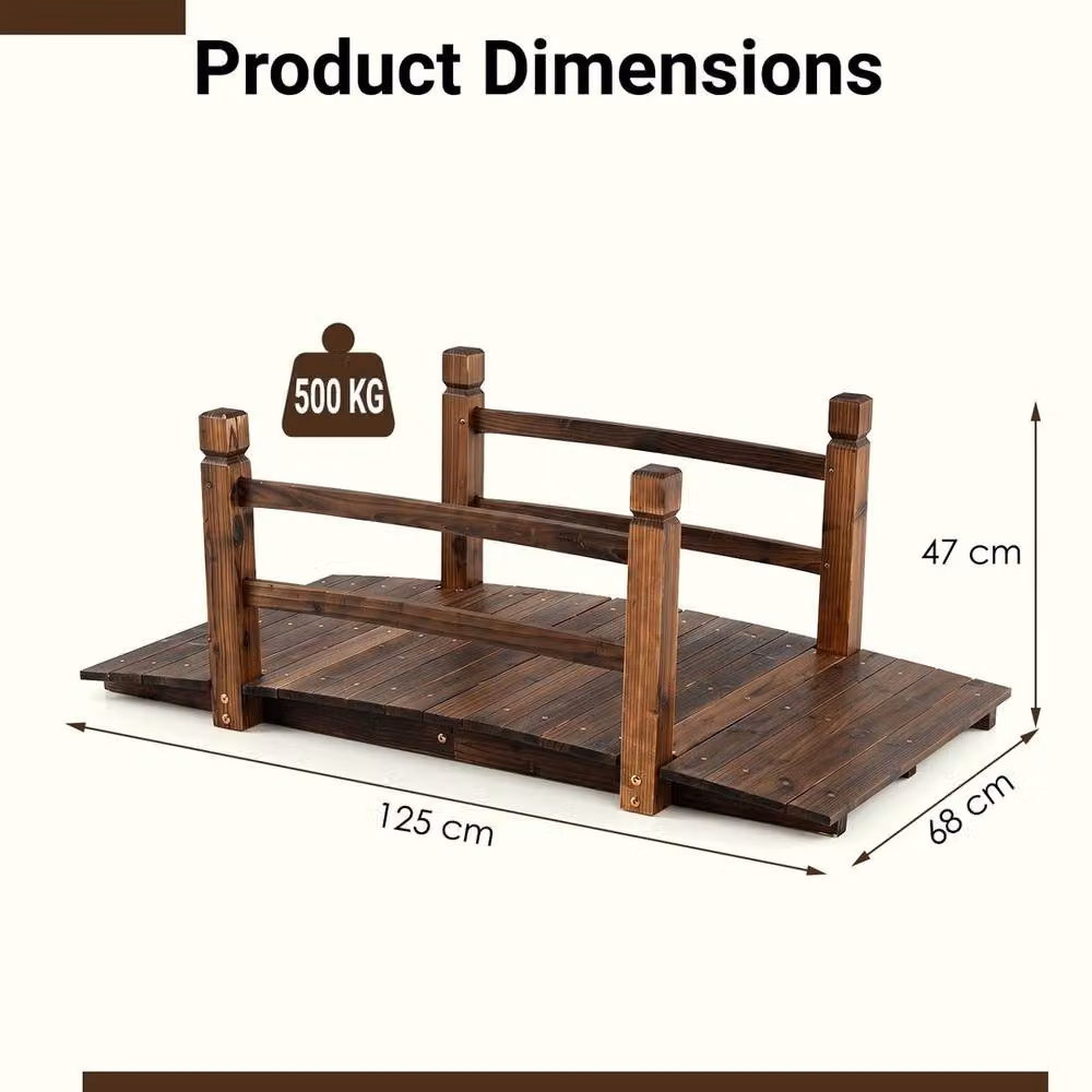 Havendro Fir Wood Garden Bridge with Safety Railings in Brown, 125 cm – 2