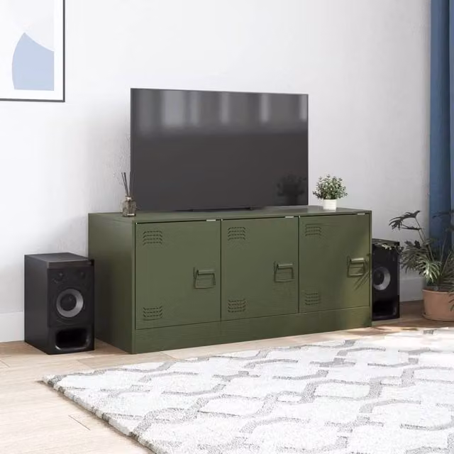 Berkfield Home Industrial Metal TV Cabinet in Matt Olive Green, W/D/H: 99 x 39 x 44 cm