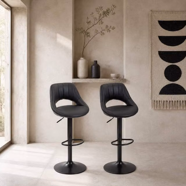 Wyld Haus Nadi Set of 2 Black Faux Leather Bar Stools with Padded Swivel Seats