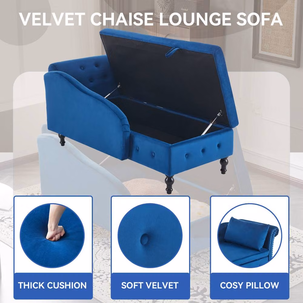 Matteo Blue Velvet Upholstered Chaise Lounge Sofa with Storage – 6