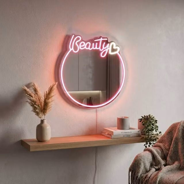 Garden Greatness Round LED Neon Beauty Wall Mirror in White and Pink