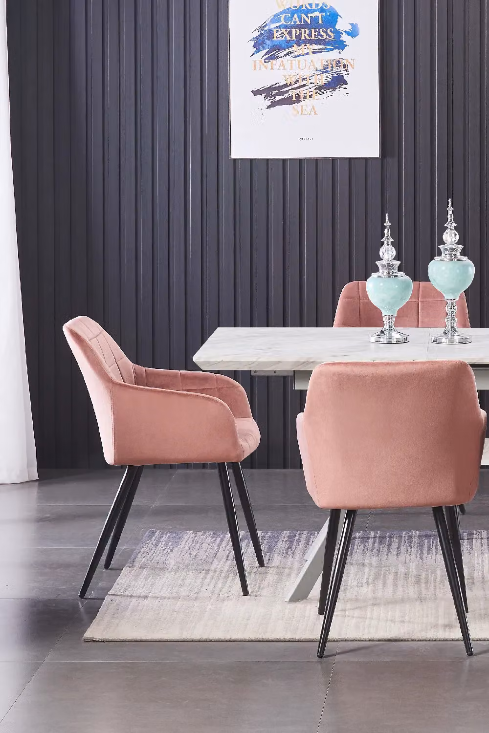 Life Interiors Camden Modern Velvet Dining Chair with Armrests and Black Metal Legs in Pink – 6